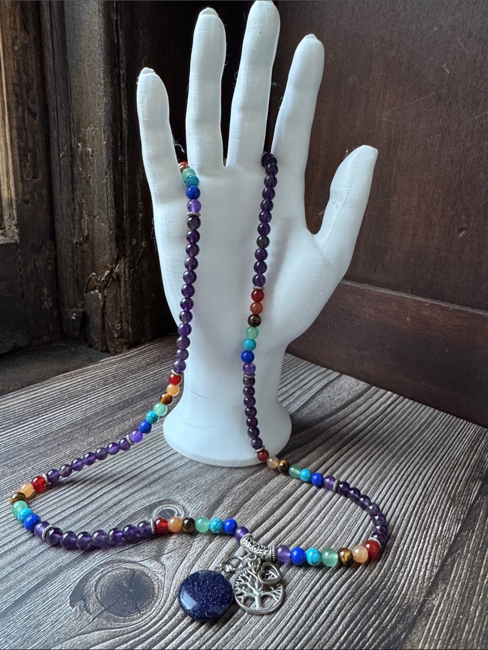 Multi-Color Gemstone Bead Necklace with Amethyst and Tree of Life Pendant